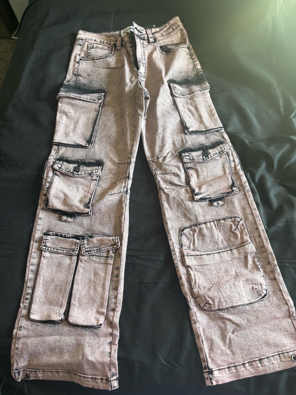 Men's Grey Washed Cargo Jeans - Multi Pocket Casual Pants